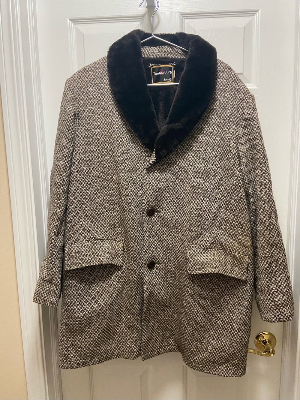 Vintage Towncraft Brown Tweed Coat with Dark Brown Faux Fur Shawl Collar Sz 44